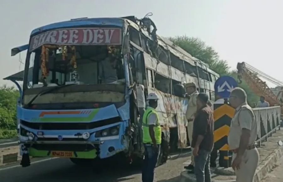Overturned sleeper bus at Rajsamand accident site in Rajasthan